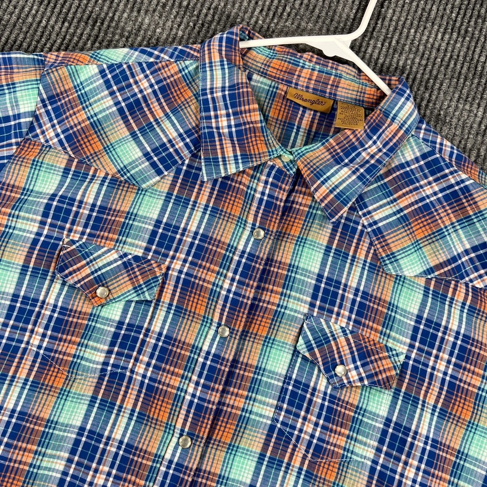 Wrangler Shirt Womens 3XL Blue Orange Plaid Long Sleeve Button‎ Up Western